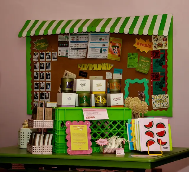 Community board and product display inside Refill Bodega